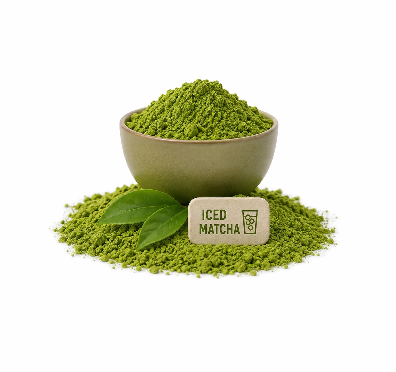 Iced Matcha için çay yaprakları ve tabakla birlikte kasede Japon matcha tozu