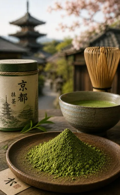Arka planda Kyoto pagodası bulunan Japon matcha kasesi, chasen ve matcha tozu
