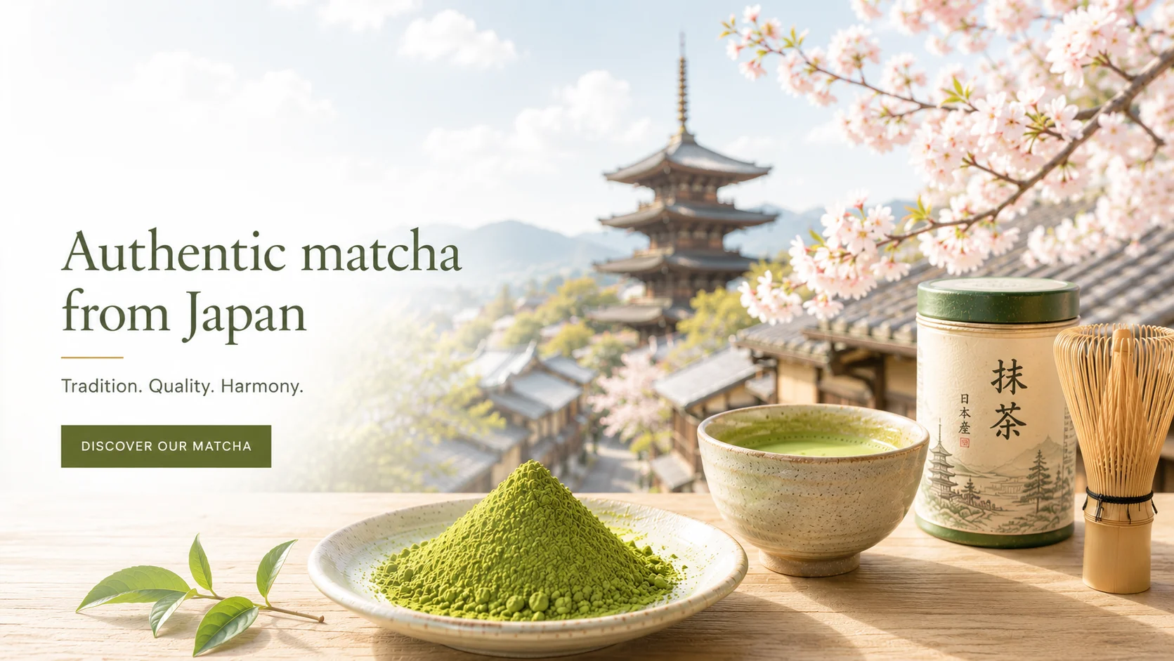 EU Matcha Japon matcha, Chasen çırpıcı, çay kasesi, kiraz çiçeği ve Japon pagodası içeren ana sayfa banner'ı